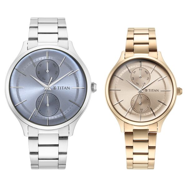 Titan Quartz Analog Blue and Champagne Dial Stainless Steel Strap Watch for Couple